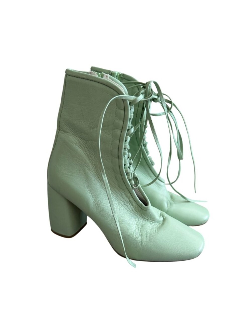 DANIELLA SHEVEL Belladonna Pistachio Green Leather Laceup Boots Size 39.5 / US 9 - Picture 4 of 8